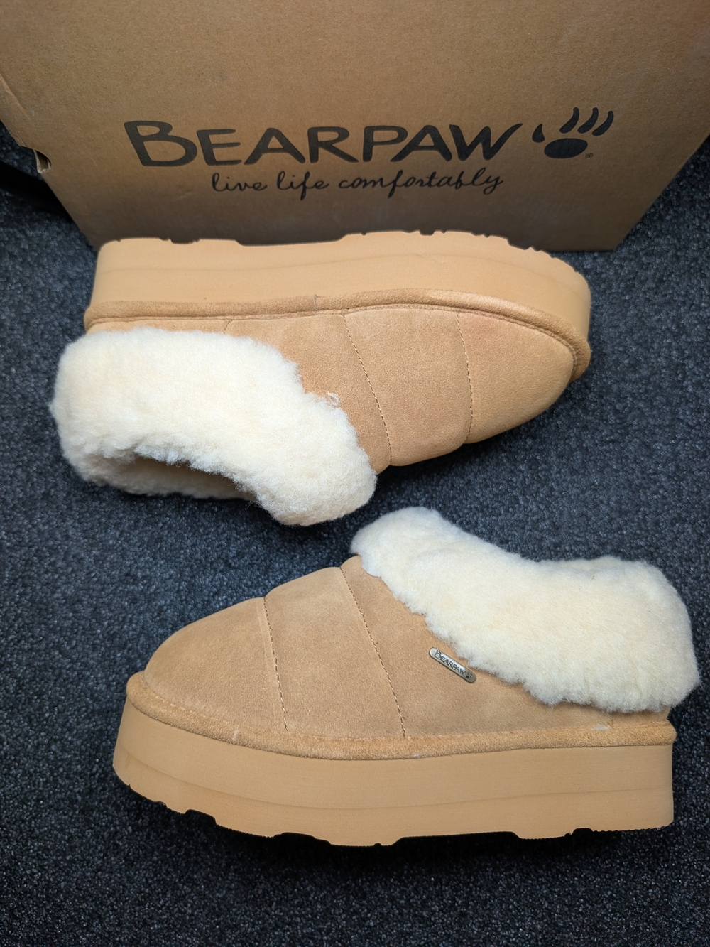BEARPAW Ari Women’s Size 9 Iced Coffee Suede Shearling Platform Slippers New